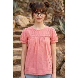 🔥Vintage Coral Pink Semi Sheer Short Sleeve Top Medium